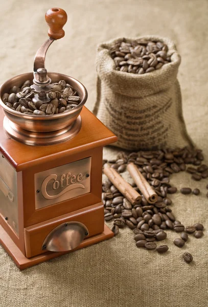 Grains de café cannelle et moulin à café — Photo