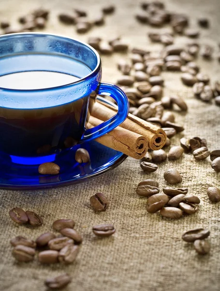 Canela e grãos de café com xícara no pires — Fotografia de Stock