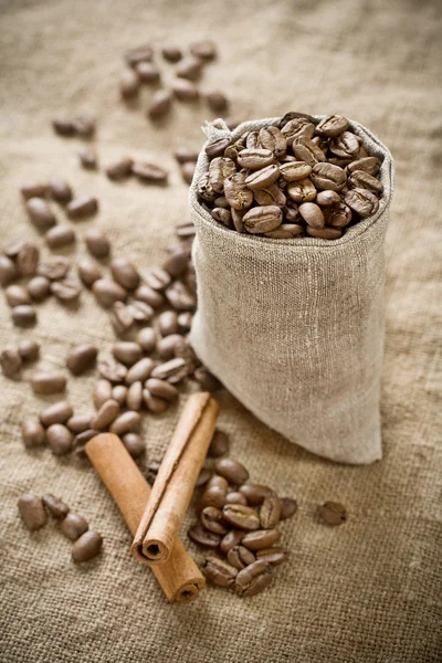 Coffee beans in bag with cinnamon — Stock Photo, Image