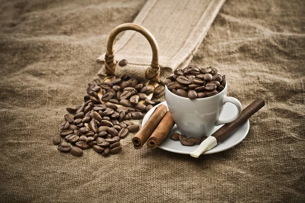Coffee beans, cigar and cinnamon — Stock Photo, Image