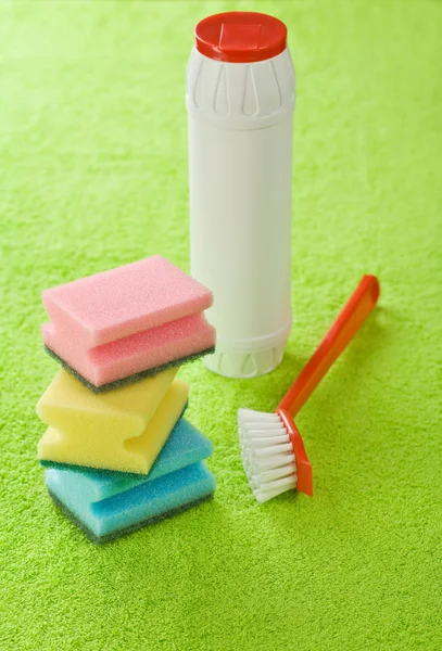 Brush bottle and sponges — Stock Photo, Image