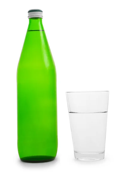 Botella verde y vaso de agua — Foto de Stock