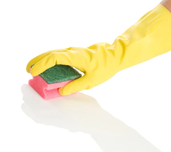 Mano en guante amarillo con esponja rosa —  Fotos de Stock
