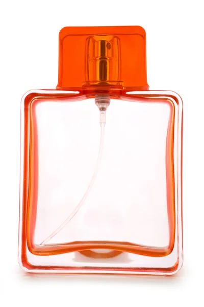 Bottiglia di profumo arancione vuoto isolato — Foto Stock