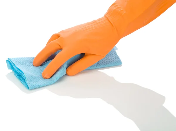Hand in glove with rag — Stock Photo, Image