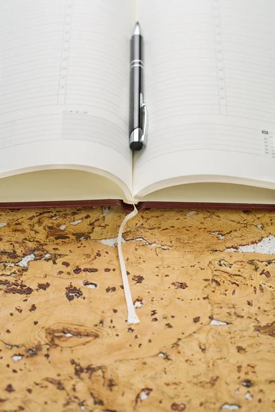 笔和软木木材的日记 — 图库照片