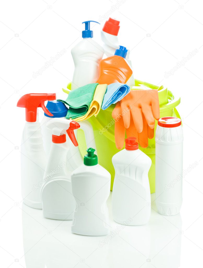 Big set of cleaners with bucket isolated
