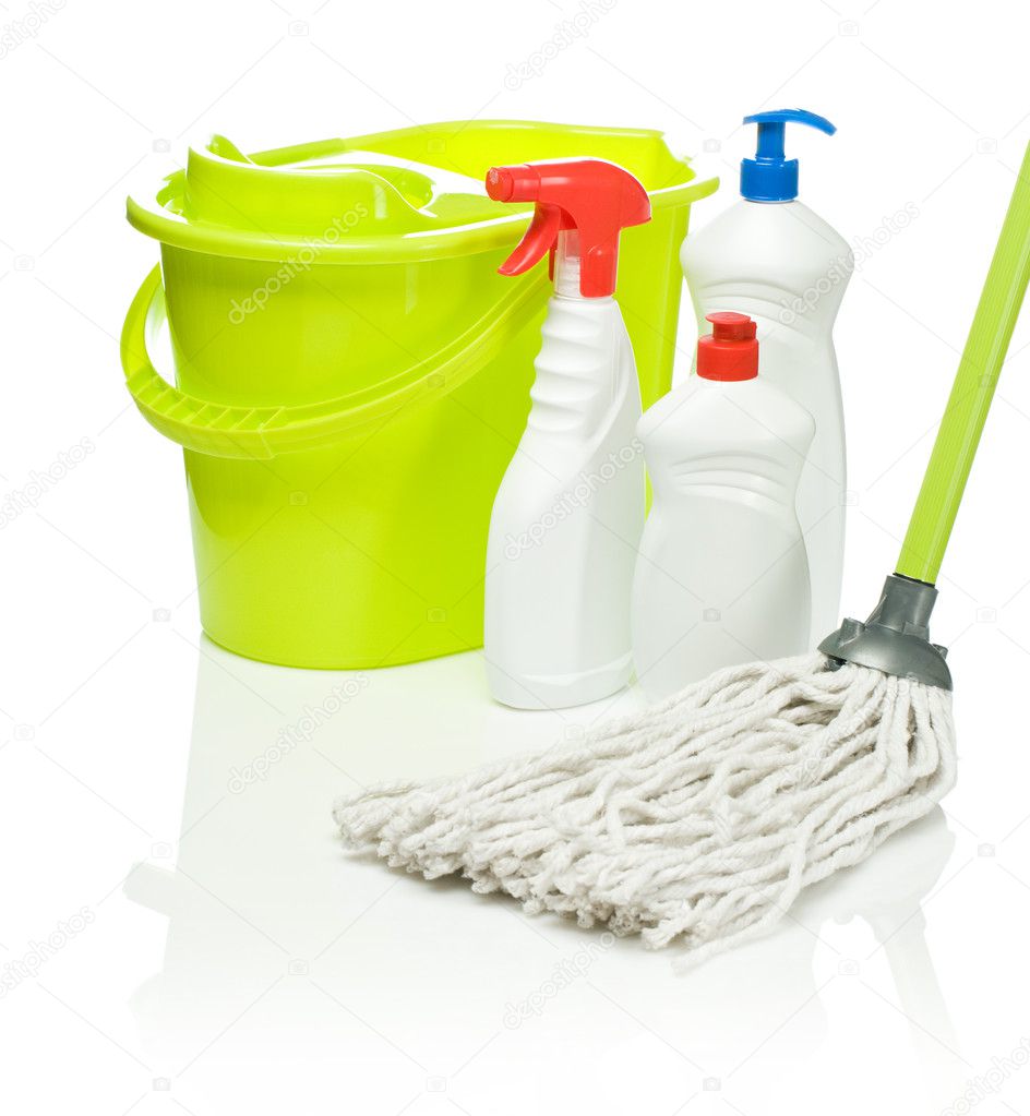 Green mop and bucket with bottles