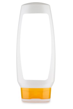 White bottle of shampoo with orange cover clipart
