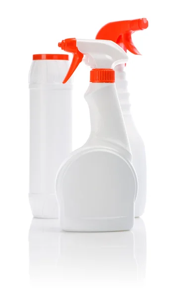 Tre vita sprayer med rött omslag — Stockfoto
