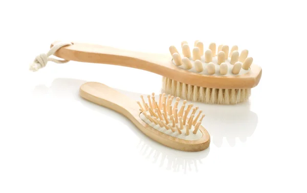 Escova de cabelo de madeira e escova — Fotografia de Stock