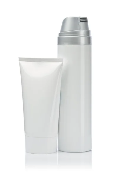 Frasco de spray branco e tubo branco — Fotografia de Stock