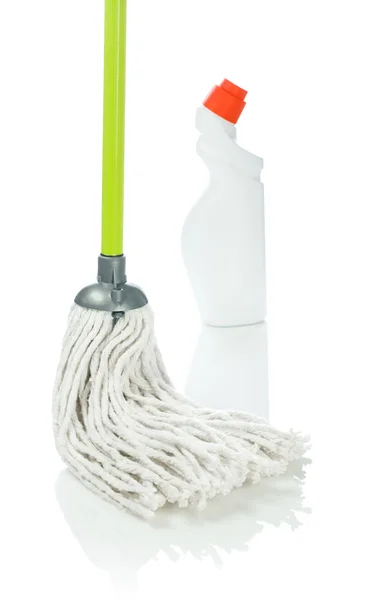 Section of cleaning mop with bottle of cleaner — Stock Photo, Image