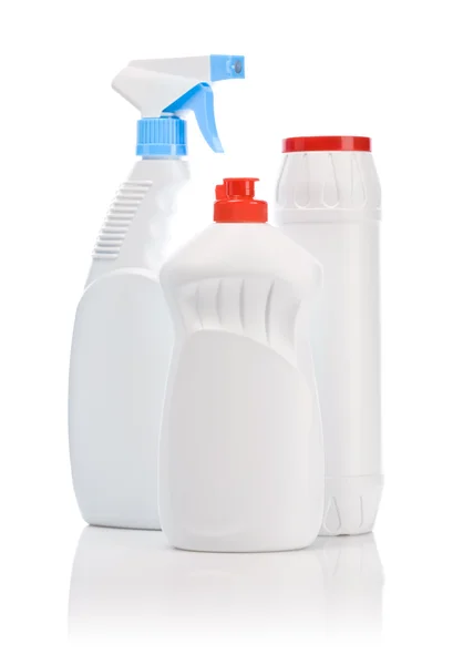Três garrafas de limpeza branca cozinha — Fotografia de Stock