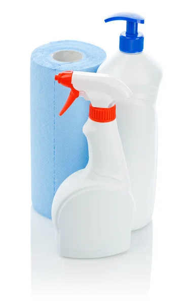 Dois garrafa de cozinha branca com toalha azul — Fotografia de Stock