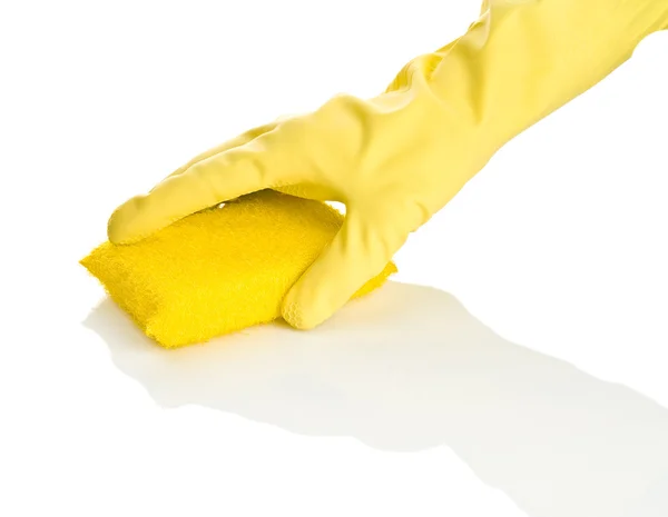 Yellow sponge with hand — Stock Photo, Image