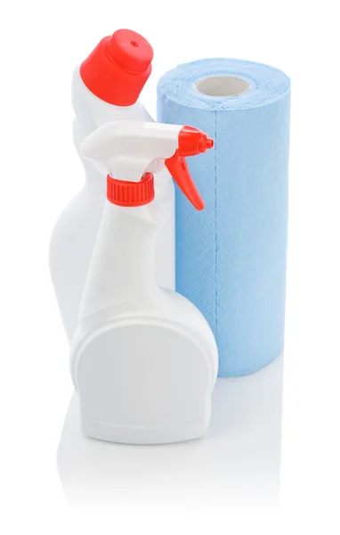 Dois sprays brancos com toalha de papel azul — Fotografia de Stock
