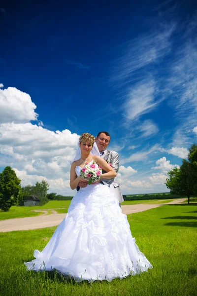 Portret van de bruidegom en de bruid over de aard — Stockfoto