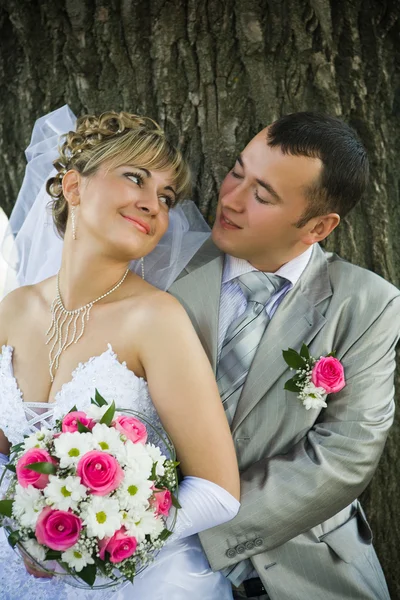 O noivo e a noiva olham um contra o outro — Fotografia de Stock