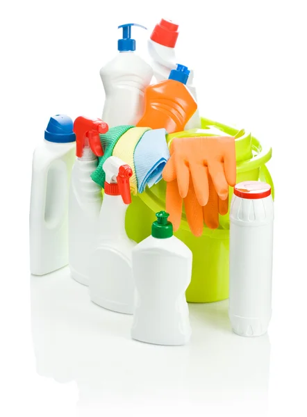 White set for cleaning in green buckett — Stock Photo, Image