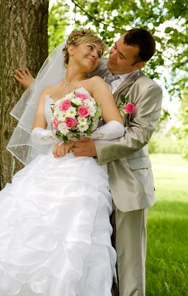Lo sposo e la sposa in parco vicino a un albero flirtano — Foto Stock