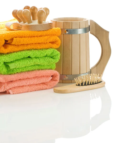 Asciugamani con oggetti in legno — Foto Stock