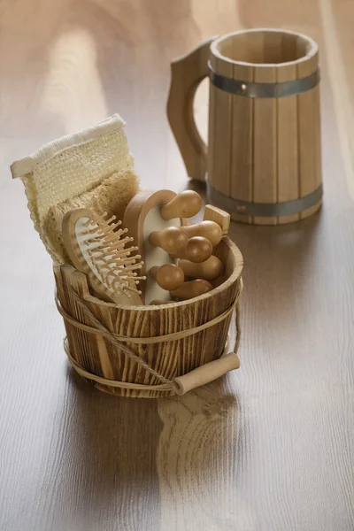 Wooden mug with bucket — Stock Photo, Image