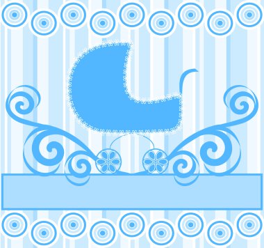 Vector illustration of a cute baby boy stroller on blue striped background clipart