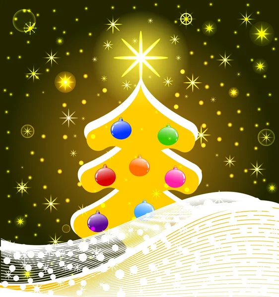 Vectorillustratie van kerstboom met decoraties, sneeuw, sterren. — Stockvector