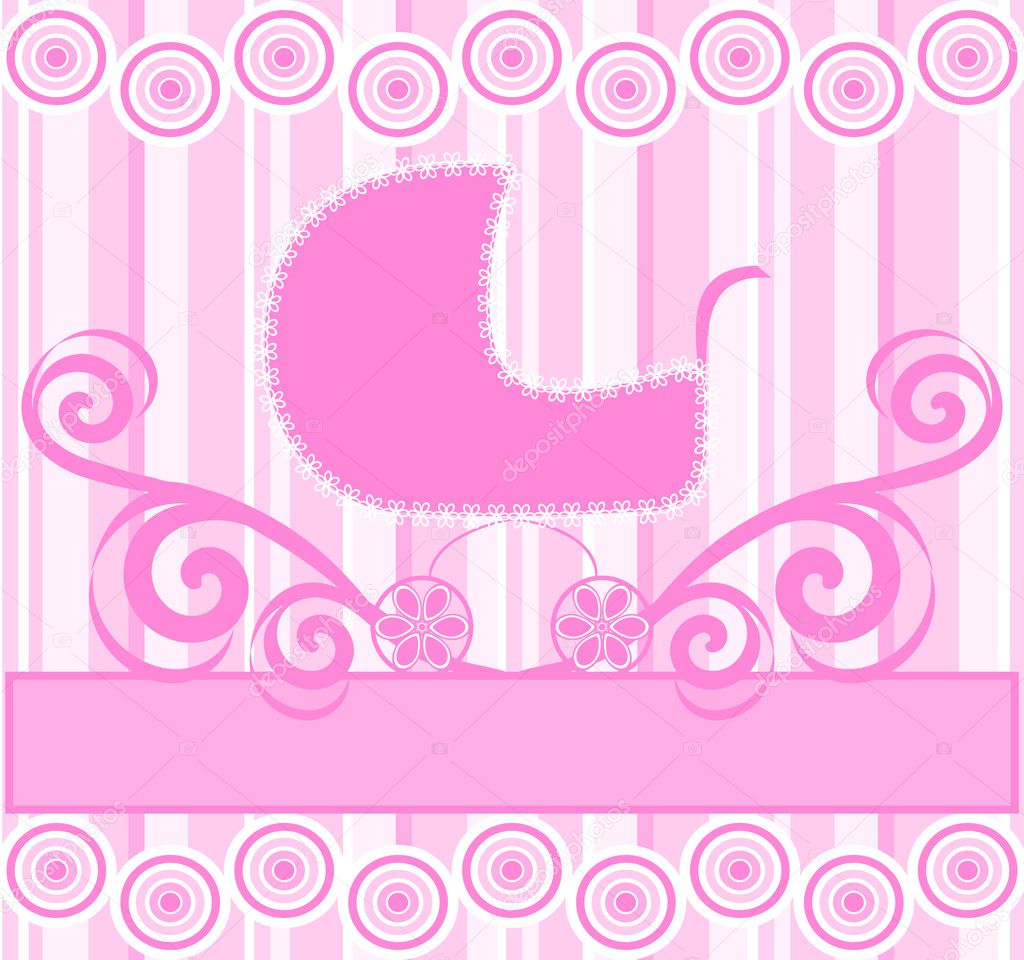 Vector illustration of a cute baby girl stroller on pink striped background