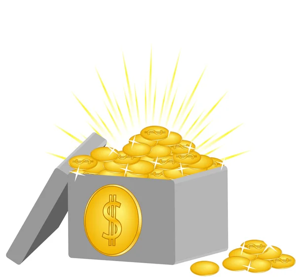 Ilustração vetorial de uma caixa com as moedas isoladas sobre fundo branco — Vetor de Stock