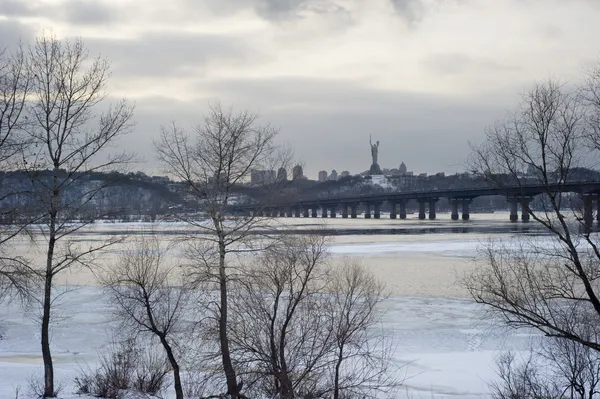 Panoramisch uitzicht op Kiev met Paton Bridge — Stockfoto
