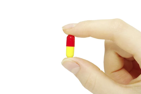 Finger Holds Pill Isolated White — Stock Photo, Image