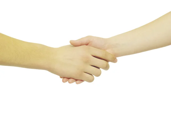人の男性に握手を白で隔離のクローズ アップ — ストック写真