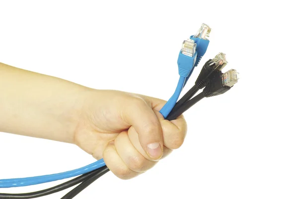 在白色背景下隔离的手头上的计算机电缆 — 图库照片