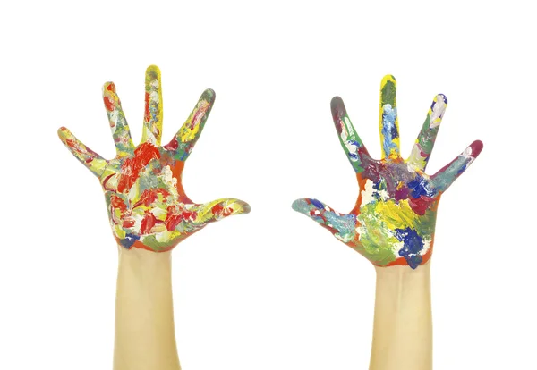 Hands Painted Colorful Paints White — Stock Photo, Image