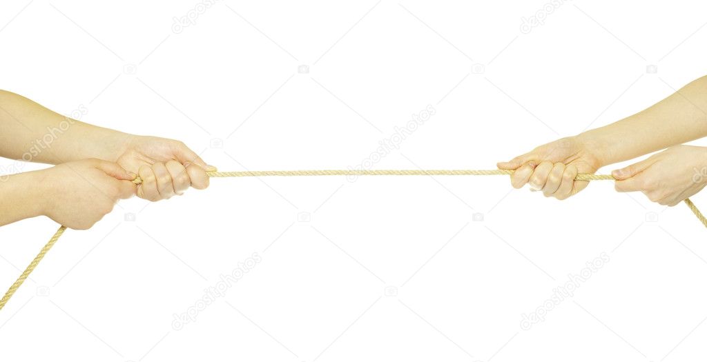 Hands and rope isolated on white background