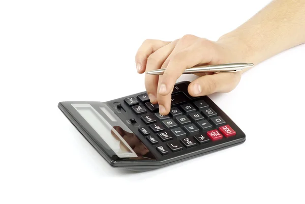 Kalkulator Ręcznie Izolowanym Białym — Zdjęcie stockowe
