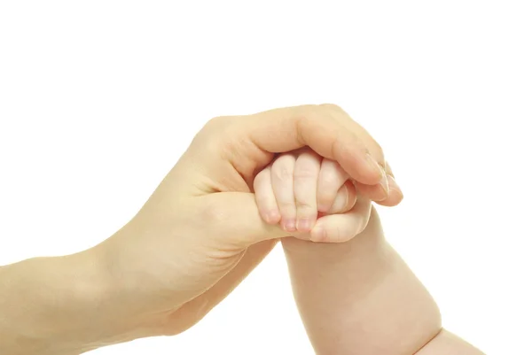 Dziecko Ręka Trzyma Palec Matka Białym Tle — Zdjęcie stockowe