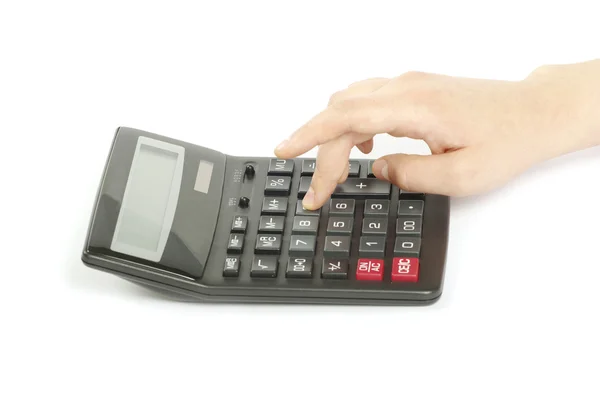Калькулятор Изолированной Рукой Белом — стоковое фото