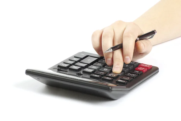 Calculator met hand — Stockfoto