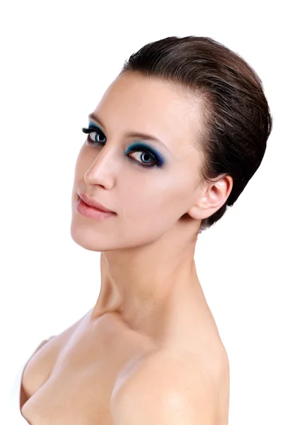 Beautiful young woman with blue make-up. — Stock Photo, Image