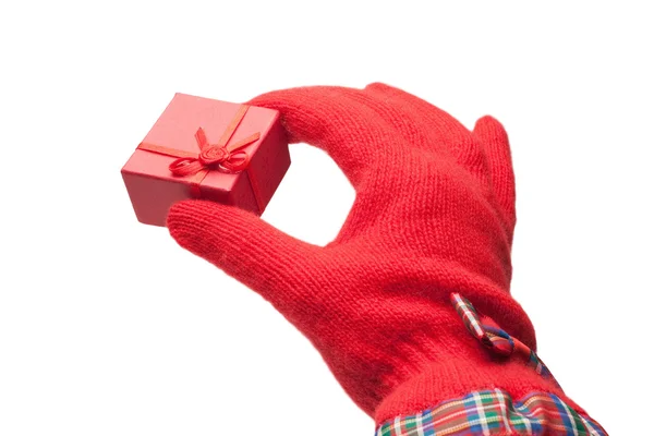 Hand giving red box with present isolated over white background — Stock Photo, Image
