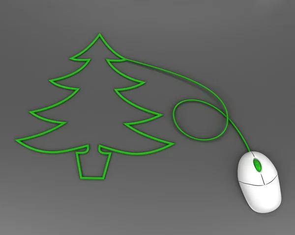 Kerstboom afgebeeld met computer muis kabel over grijs — Stockfoto