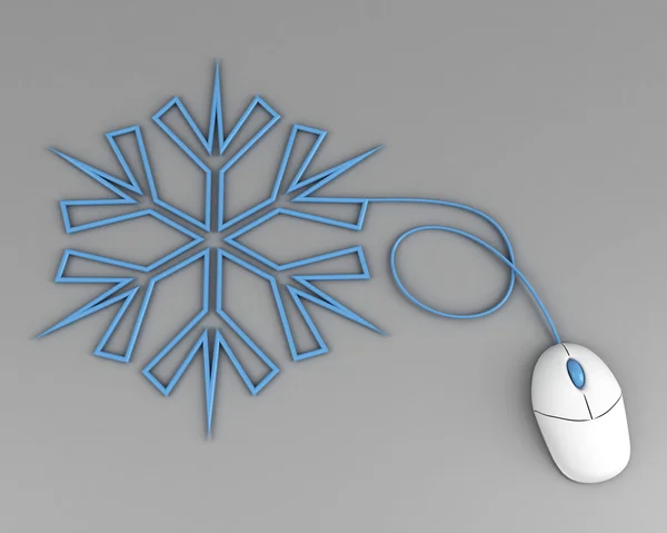 Снежинка изображена с компьютерным кабелем мыши на сером — стоковое фото