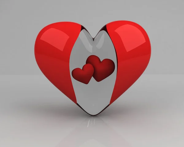 Transparent heart with two red hearts inside over grey — Stockfoto