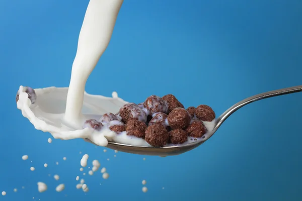 Milk splashing into spoon with chocolate cornballs — Stock Photo, Image