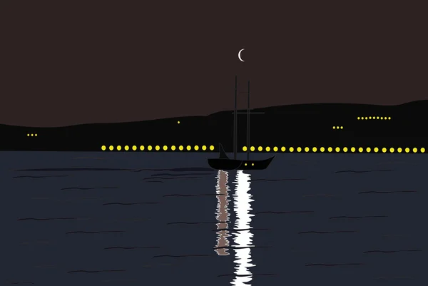 Ilustración Vectorial Las Velas Los Barcos Oscuro Mar Nocturno — Vector de stock