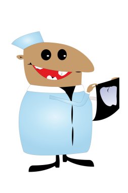 Vector caricature of dental, who scrutinizes X-ray image. He has bad teeth in his own mouth. clipart
