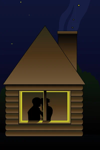 Vector Illustration Kissing Couple Whindow Night Hut — Stock Vector